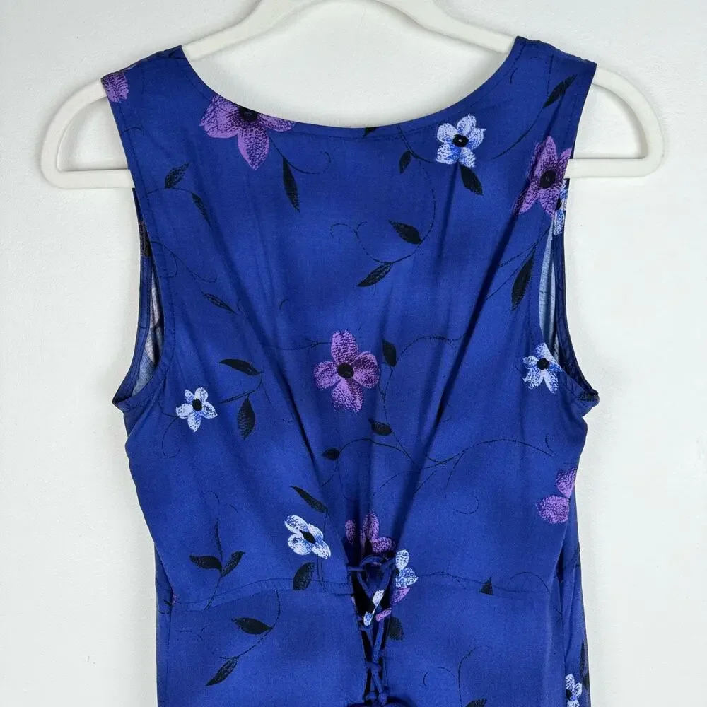 Vintage 90s Floral Corset Tie Back Long Maxi Dress Blue Purple Sleeveless 9/10